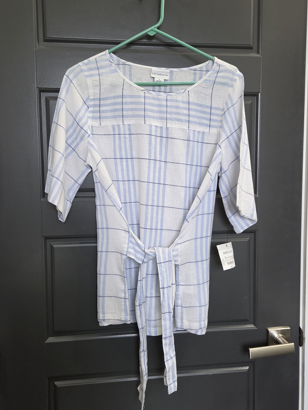 Liz Claiborne Light Blue and White Plaid Tie-Front Blouse